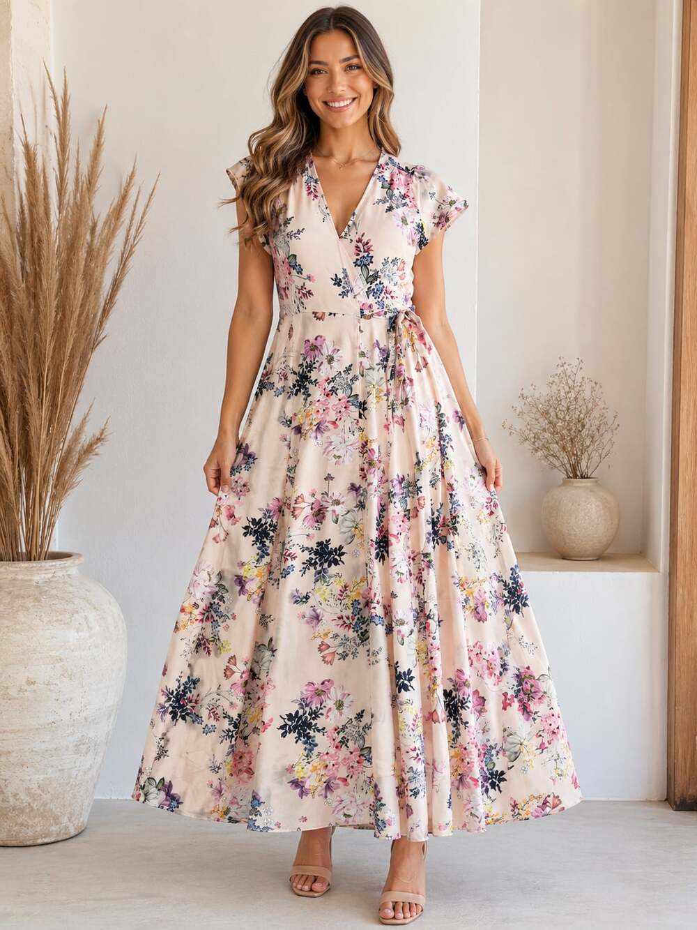 Yumi Kim Bridesmaids Floral Wrap Maxi Dress Pink Formal Wedding Guest Size S